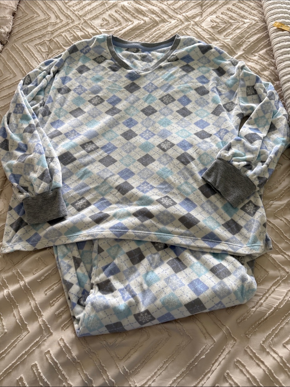 Cuddl Duds Women's Argyle Fleece Pajama Set - Light Blue & Gray Sz L